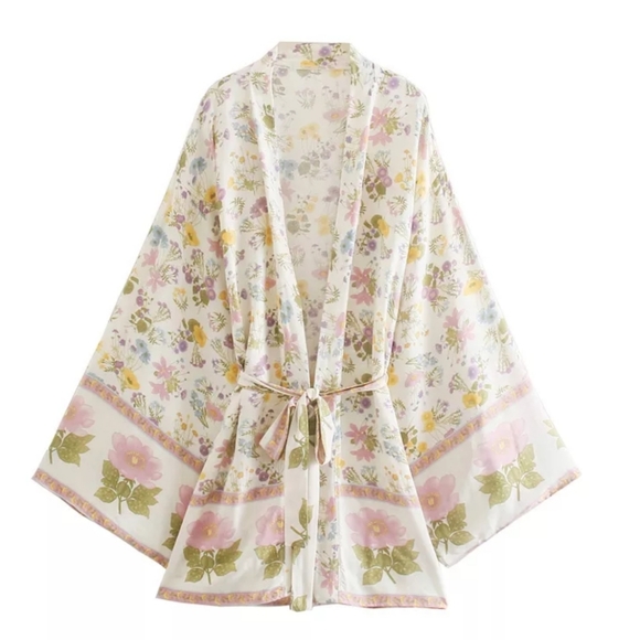 shelovly Jackets & Blazers - White Floral Short Cotton Kimono with Sash